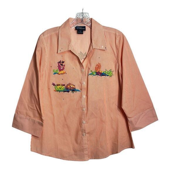 Las Olas Nautical Striped Button Up Blouse Womens Size‎ S Orange Fish Ocean Reef - Picture 1 of 10